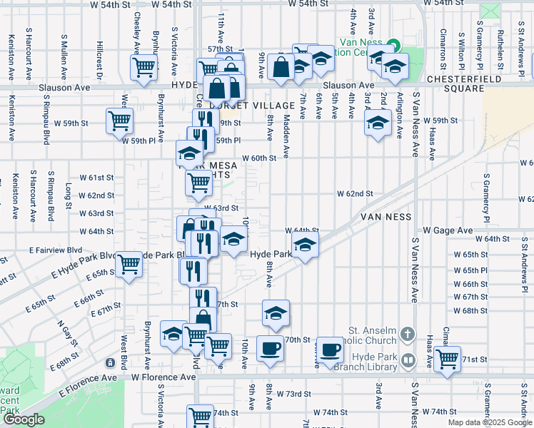 map of restaurants, bars, coffee shops, grocery stores, and more near 6315 Madden Avenue in Los Angeles