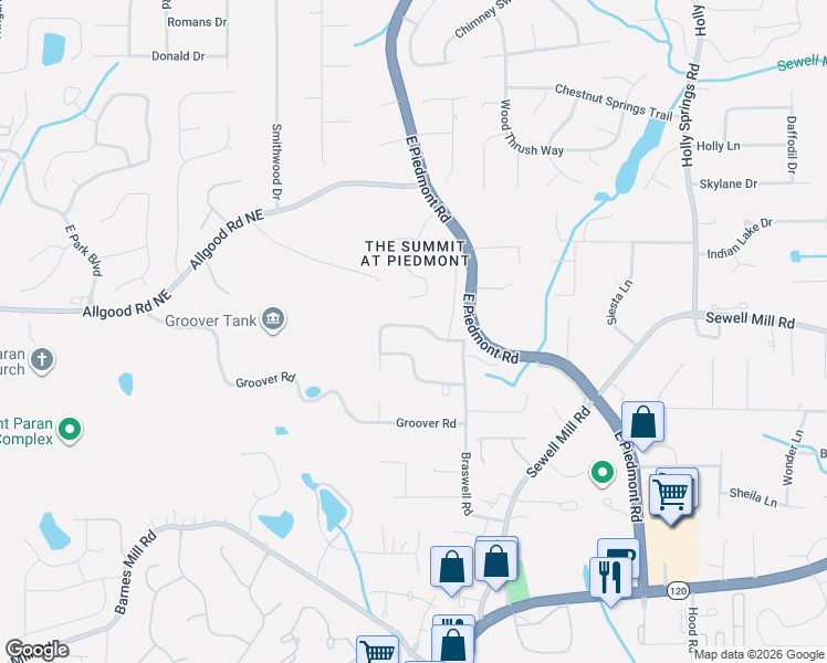 map of restaurants, bars, coffee shops, grocery stores, and more near 1124 Promontory Drive in Marietta