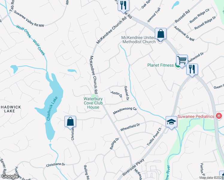 map of restaurants, bars, coffee shops, grocery stores, and more near 1509 Justin Drive in Lawrenceville
