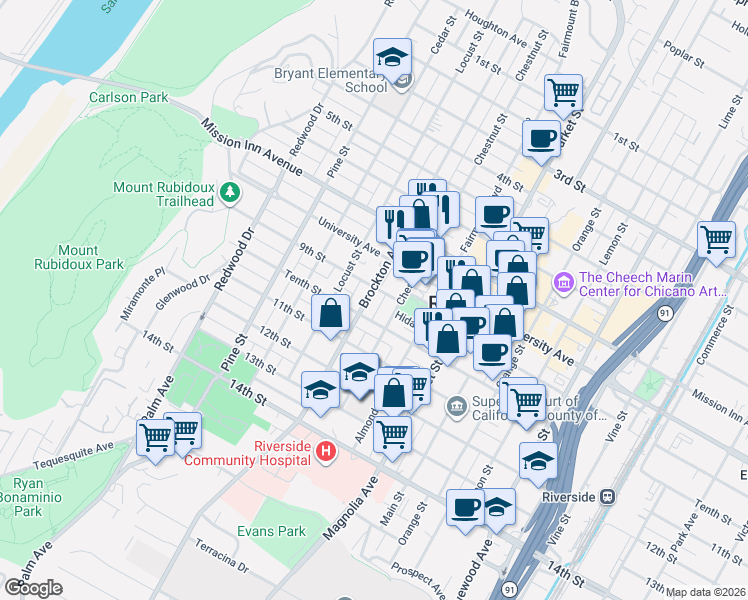 map of restaurants, bars, coffee shops, grocery stores, and more near 3934 Brockton Avenue in Riverside