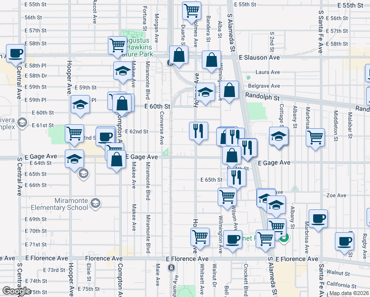map of restaurants, bars, coffee shops, grocery stores, and more near 1734 East 63rd Street in Los Angeles