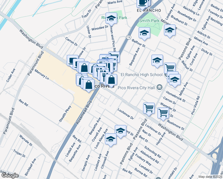 map of restaurants, bars, coffee shops, grocery stores, and more near 9055 Washington Boulevard in Pico Rivera