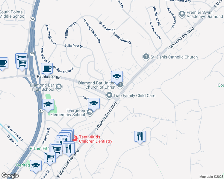map of restaurants, bars, coffee shops, grocery stores, and more near 21750 Laurelrim Drive in Diamond Bar