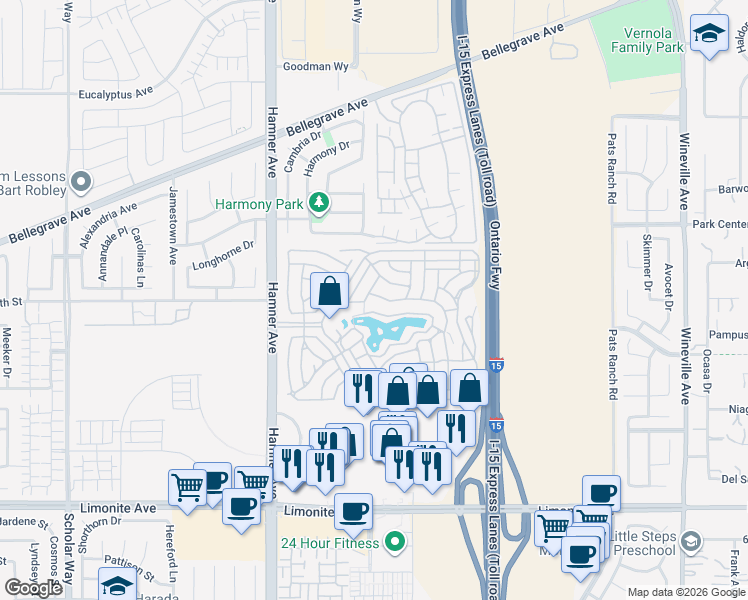 map of restaurants, bars, coffee shops, grocery stores, and more near 559 Edgemont Drive in Eastvale