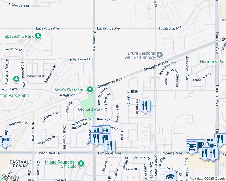 map of restaurants, bars, coffee shops, grocery stores, and more near 5785 Larry Dean Street in Corona