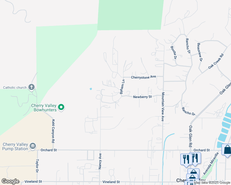 map of restaurants, bars, coffee shops, grocery stores, and more near 38536 Alva Drive in Cherry Valley