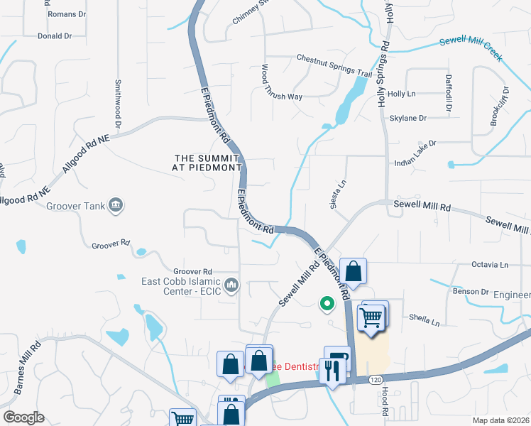 map of restaurants, bars, coffee shops, grocery stores, and more near 1278 East Piedmont Road in Marietta