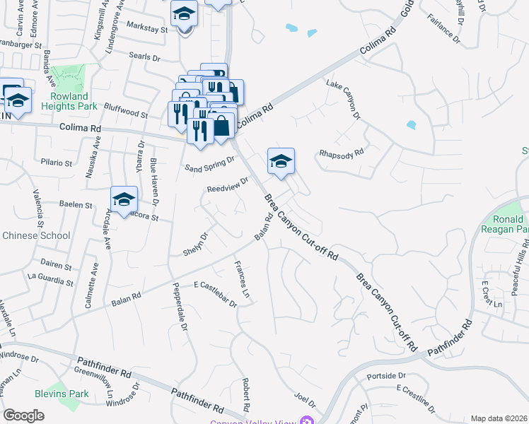 map of restaurants, bars, coffee shops, grocery stores, and more near 1919 Brea Canyon Cut-off Road in Walnut