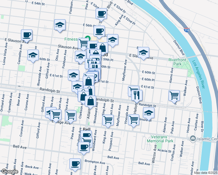 map of restaurants, bars, coffee shops, grocery stores, and more near 6118 King Avenue in Maywood