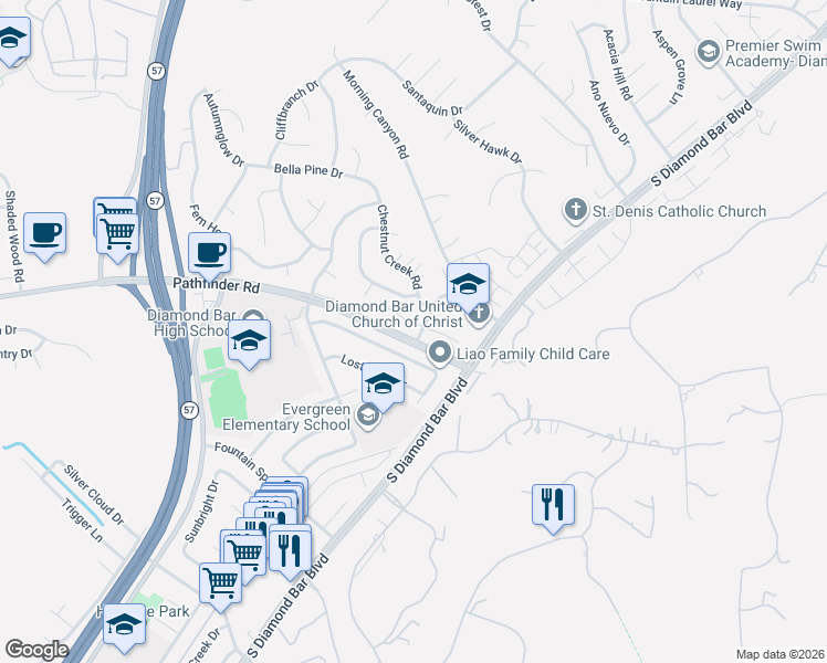 map of restaurants, bars, coffee shops, grocery stores, and more near 21696 Laurelrim Drive in Diamond Bar