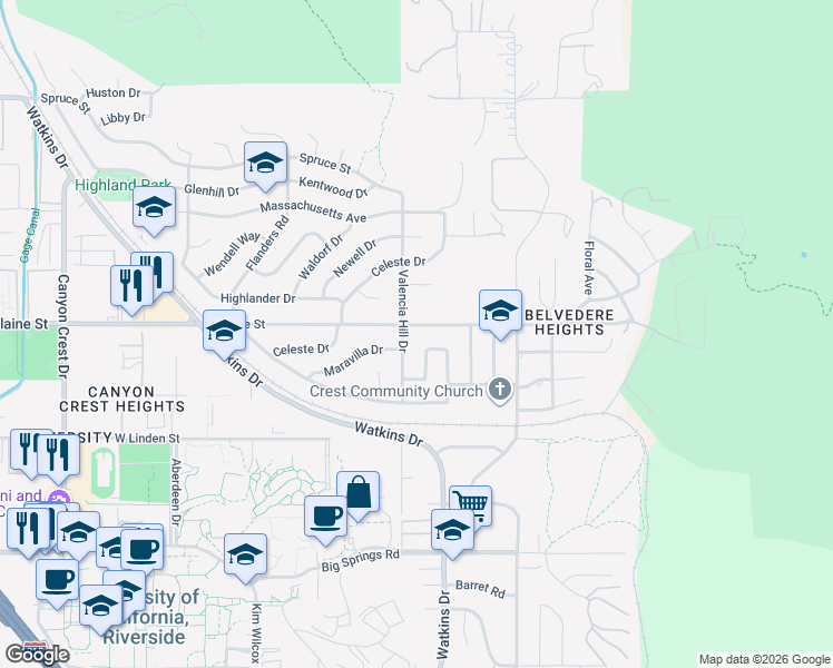 map of restaurants, bars, coffee shops, grocery stores, and more near 270 West Blaine Street in Riverside