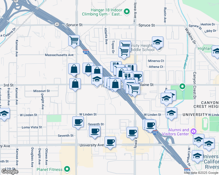 map of restaurants, bars, coffee shops, grocery stores, and more near 1410 3rd Street in Riverside