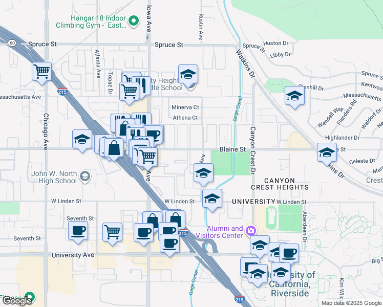 map of restaurants, bars, coffee shops, grocery stores, and more near 1140 West Blaine Street in Riverside