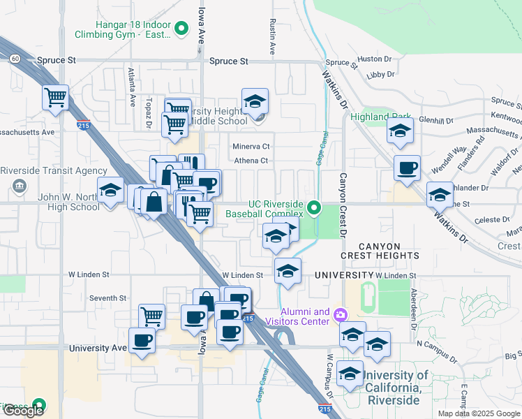 map of restaurants, bars, coffee shops, grocery stores, and more near 1140 West Blaine Street in Riverside