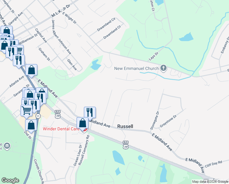 map of restaurants, bars, coffee shops, grocery stores, and more near 109 Midland Court in Winder