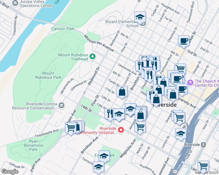 map of restaurants, bars, coffee shops, grocery stores, and more near 4073 Cedar Street in Riverside