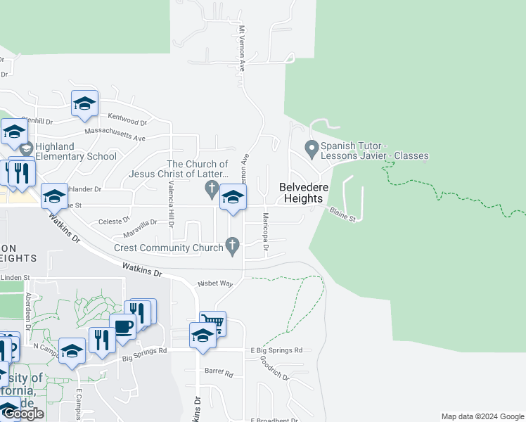 map of restaurants, bars, coffee shops, grocery stores, and more near 3303 Maricopa Drive in Riverside