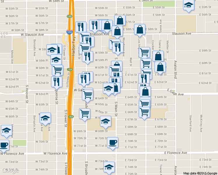 map of restaurants, bars, coffee shops, grocery stores, and more near 127 W Gage Ave in Los Angeles
