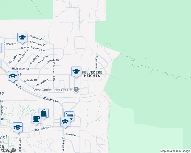 map of restaurants, bars, coffee shops, grocery stores, and more near 250 East Blaine Street in Riverside