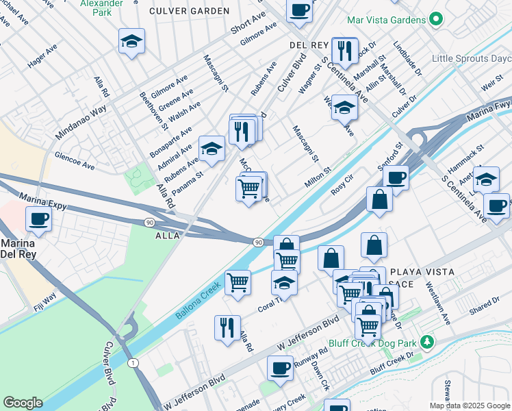 map of restaurants, bars, coffee shops, grocery stores, and more near 4943 McConnell Avenue in Los Angeles