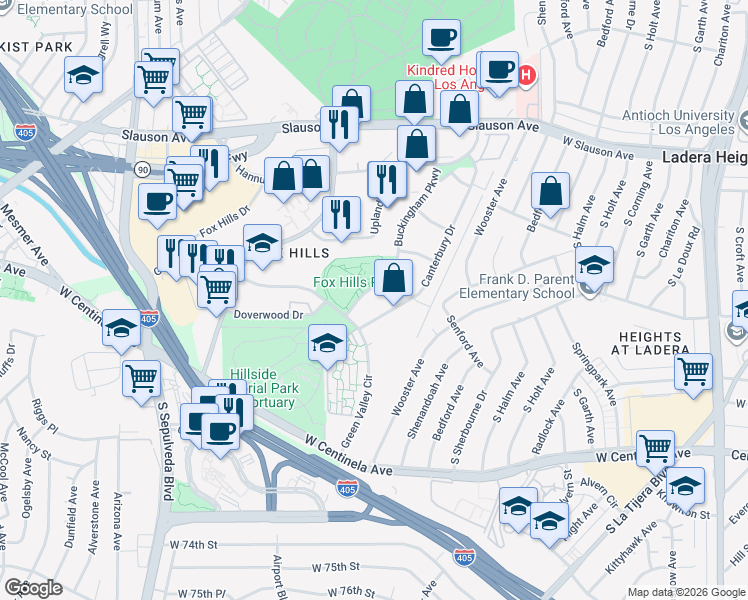 map of restaurants, bars, coffee shops, grocery stores, and more near 6225 Canterbury Drive in Culver City