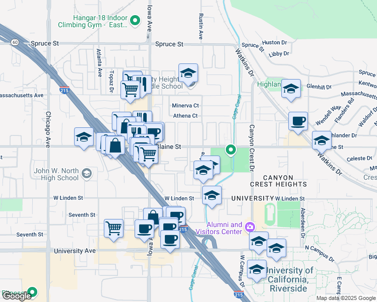 map of restaurants, bars, coffee shops, grocery stores, and more near 1142 West Blaine Street in Riverside