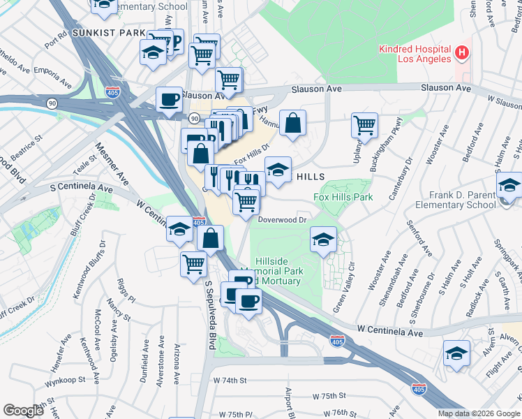 map of restaurants, bars, coffee shops, grocery stores, and more near 6220 Bristol Parkway in Culver City