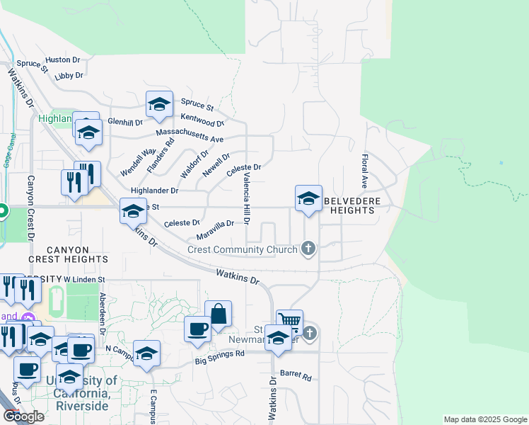 map of restaurants, bars, coffee shops, grocery stores, and more near 229 Maravilla Drive in Riverside