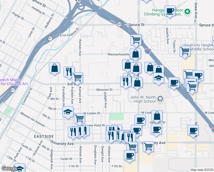 map of restaurants, bars, coffee shops, grocery stores, and more near 1879 Missouri Street in Riverside