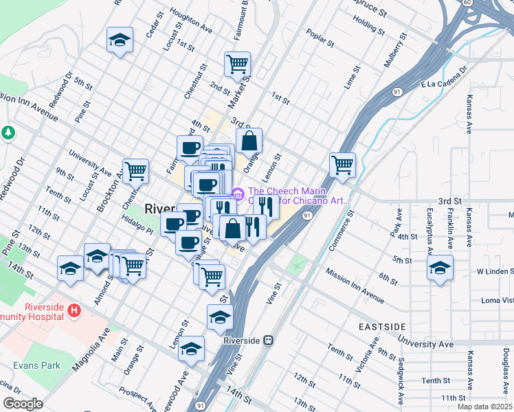 map of restaurants, bars, coffee shops, grocery stores, and more near 3468 6th Street in Riverside