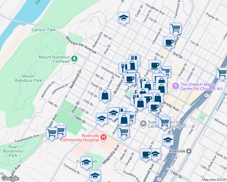 map of restaurants, bars, coffee shops, grocery stores, and more near 4153 Tenth Street in Riverside