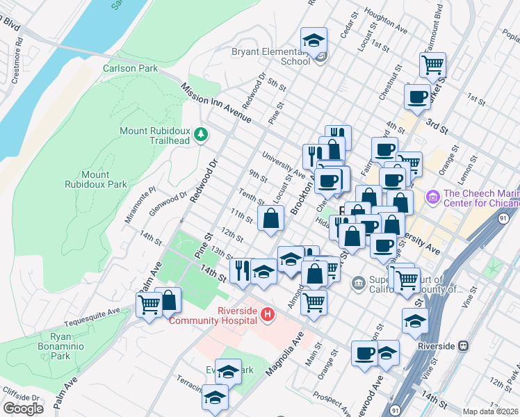map of restaurants, bars, coffee shops, grocery stores, and more near in Riverside