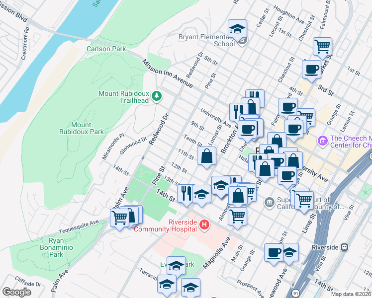 map of restaurants, bars, coffee shops, grocery stores, and more near 4372 11th Street in Riverside