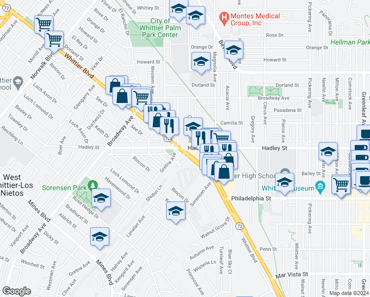 map of restaurants, bars, coffee shops, grocery stores, and more near in Whittier