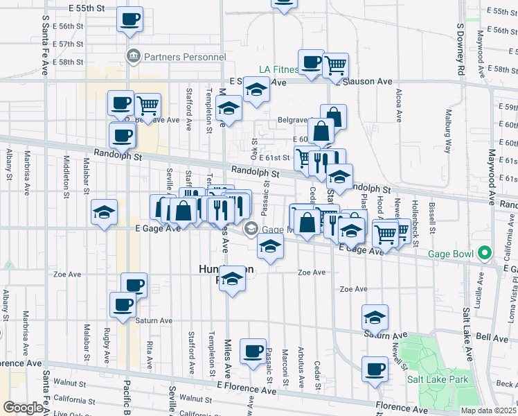 map of restaurants, bars, coffee shops, grocery stores, and more near 6330 Passaic Street in Huntington Park