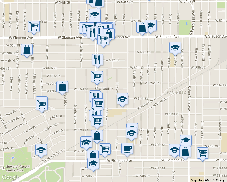 map of restaurants, bars, coffee shops, grocery stores, and more near 6310 11th Avenue in Los Angeles