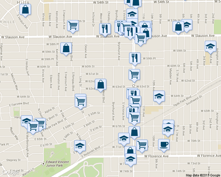 map of restaurants, bars, coffee shops, grocery stores, and more near 6314 Brynhurst Avenue in Los Angeles