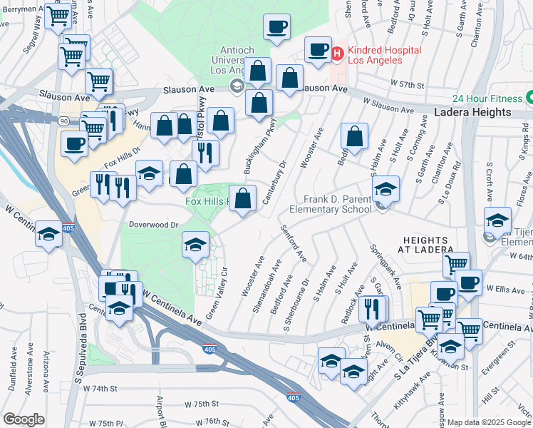 map of restaurants, bars, coffee shops, grocery stores, and more near 6050 Canterbury Drive in Culver City