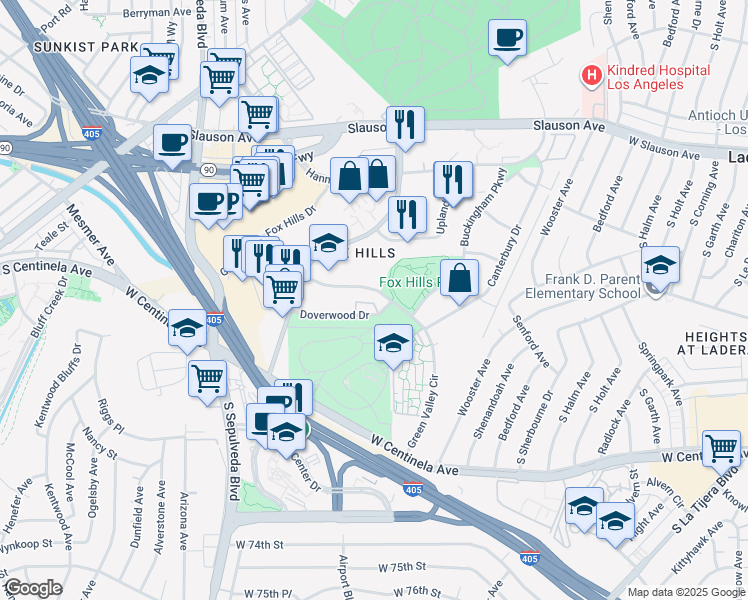 map of restaurants, bars, coffee shops, grocery stores, and more near 5800 Green Valley Circle in Culver City