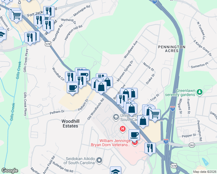 map of restaurants, bars, coffee shops, grocery stores, and more near 718 Munsen Spring Drive in Columbia