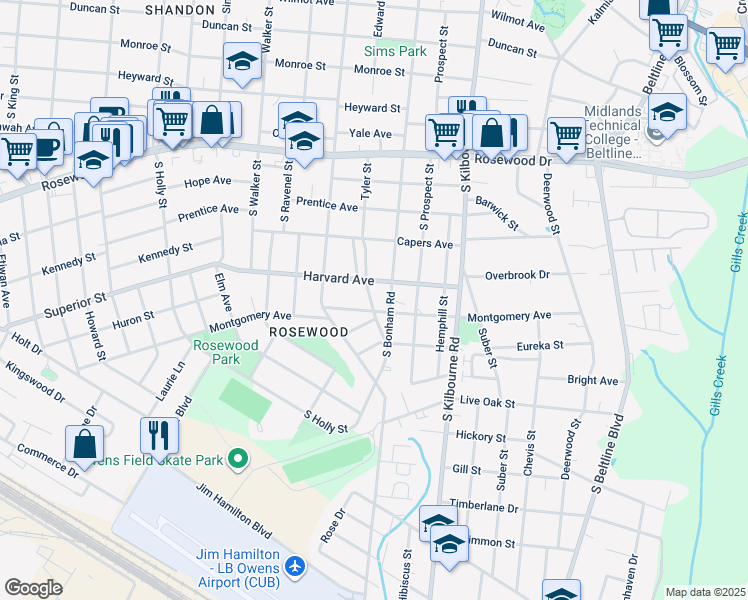 map of restaurants, bars, coffee shops, grocery stores, and more near 612 Tyler Street in Columbia