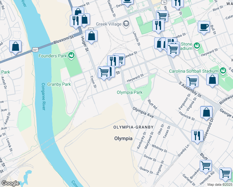 map of restaurants, bars, coffee shops, grocery stores, and more near 600 Heyward Street in Columbia