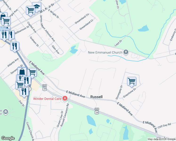 map of restaurants, bars, coffee shops, grocery stores, and more near 109 Midland Court in Winder