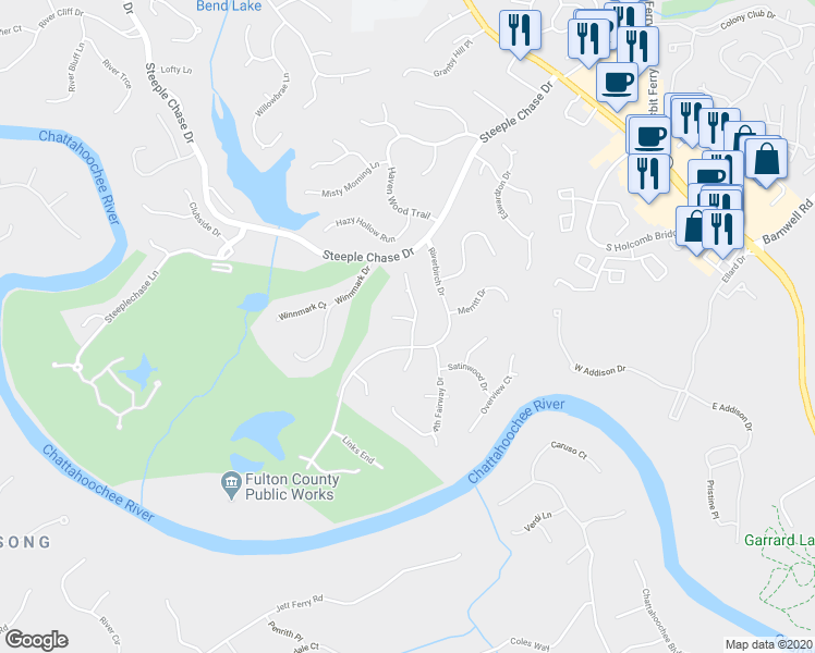 map of restaurants, bars, coffee shops, grocery stores, and more near 220 Sandtrap Way in Roswell