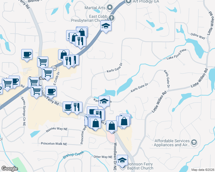 map of restaurants, bars, coffee shops, grocery stores, and more near 4624 Lehigh Drive in Marietta