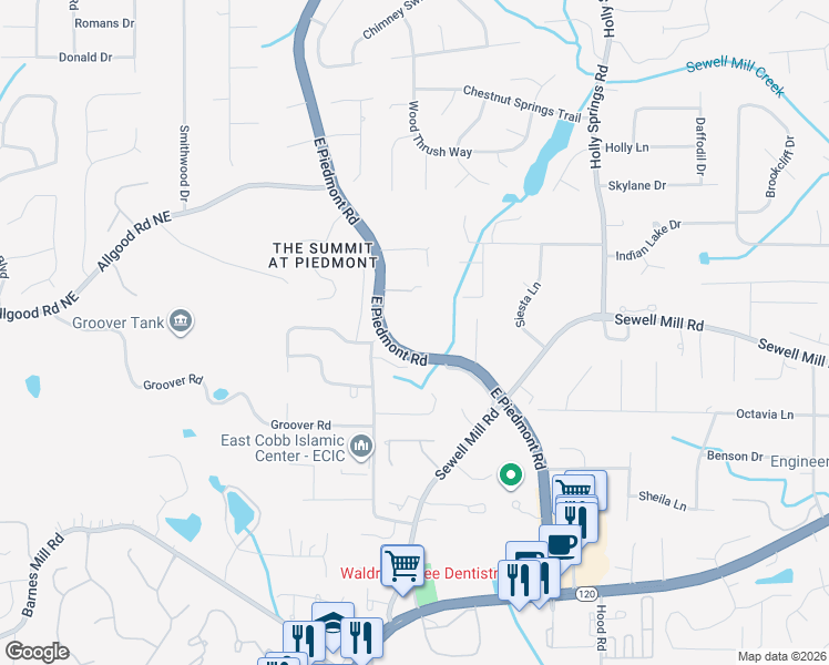map of restaurants, bars, coffee shops, grocery stores, and more near 1278 East Piedmont Road in Marietta