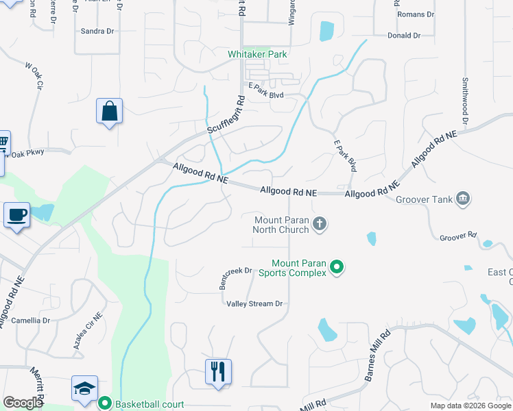 map of restaurants, bars, coffee shops, grocery stores, and more near 1517 Hillhaven Drive in Marietta