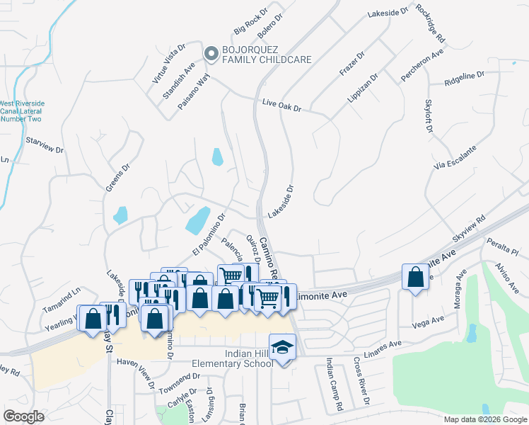 map of restaurants, bars, coffee shops, grocery stores, and more near 7799 Lakeside Drive in Riverside