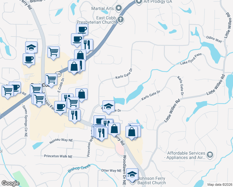 map of restaurants, bars, coffee shops, grocery stores, and more near 4624 Lehigh Dr in Marietta