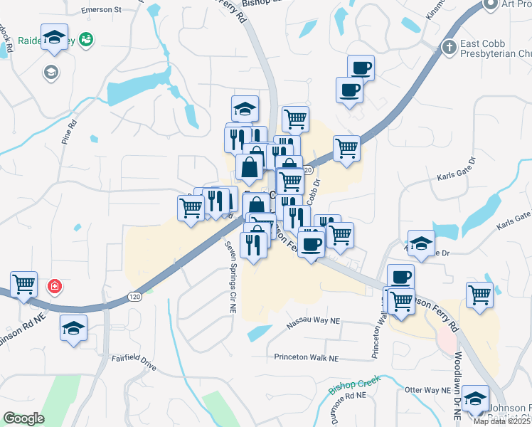 map of restaurants, bars, coffee shops, grocery stores, and more near 4244 Roswell Road in Marietta